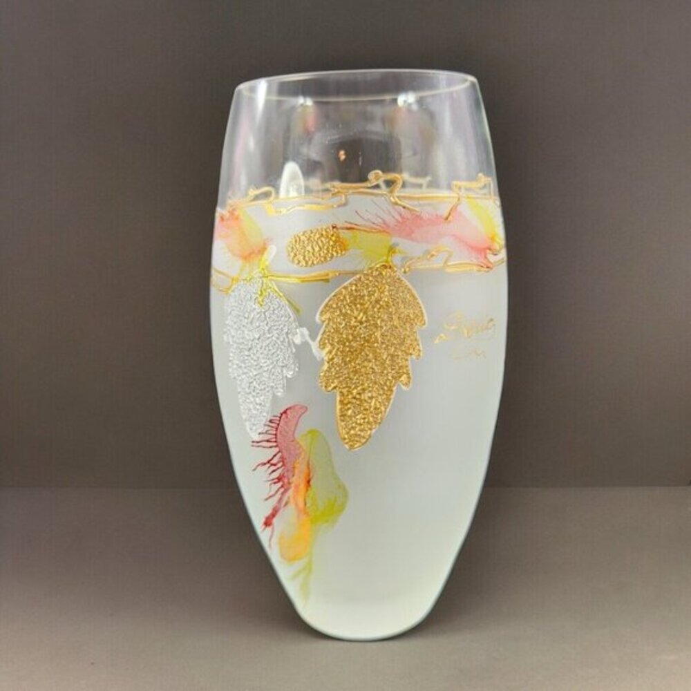Vintage Clear Frosted Glass Vase Raised Painted Flowers Decor Artist‎ Signed VTG